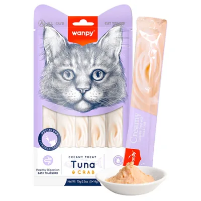 Wanpy Adult Cat Treats Food Creamy Lickable Treats Tuna & Crab 5X14G 5 Pcs