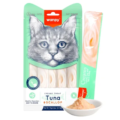 Wanpy Cat Treats Food Creamy Lickable Treats Tuna & Scallop 5X14G 5 Pcs