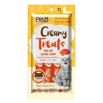 Pet8 Cat Treats Food Creamy Treats Tuna & Salmon 4X15G 4 Pcs